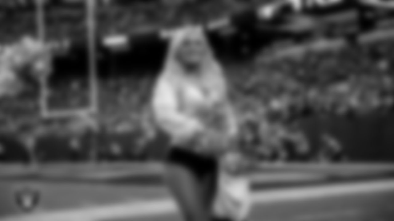 Raiderette Pip on the sidelines during the regular season home game against the Kansas City Chiefs at Allegiant Stadium.