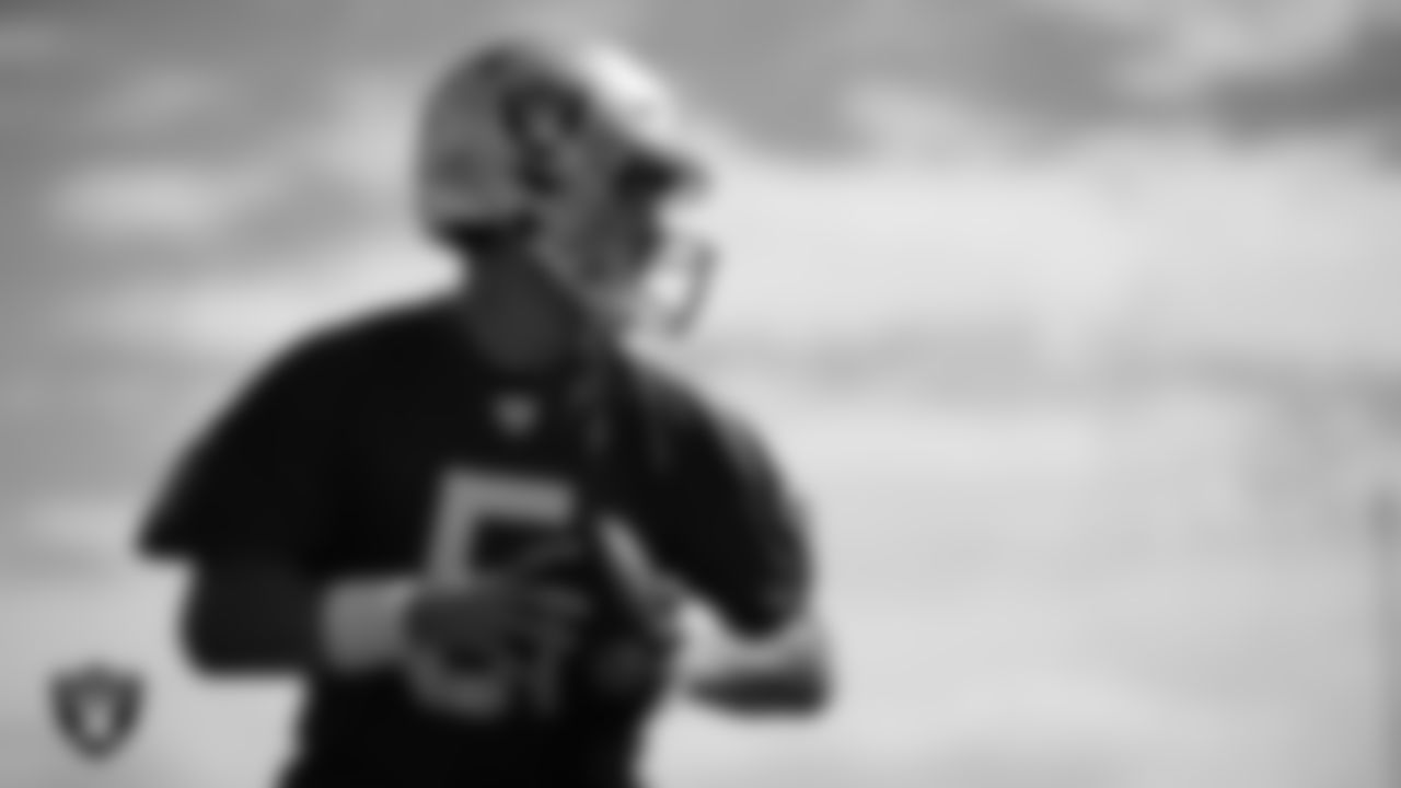 Las Vegas Raiders quarterback Cam Miller (5) during practice at Intermountain Health Performance Center.