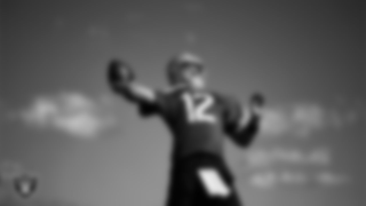 Las Vegas Raiders quarterback Aidan O'Connell (12) during practice at Intermountain Health Performance Center.