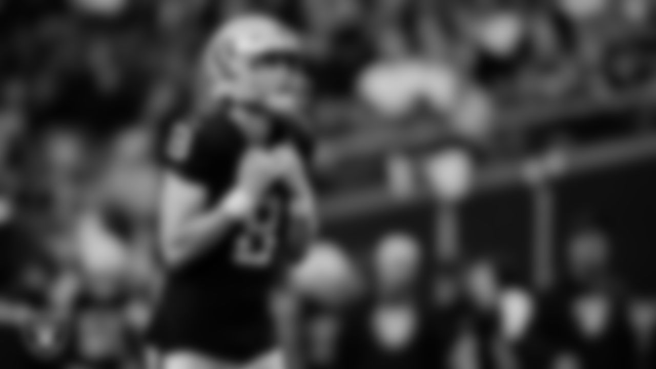 Las Vegas Raiders kicker Daniel Carlson (8) lines up before kicking a 23-yard field goal during the regular season home game against the Kansas City Chiefs at Allegiant Stadium.