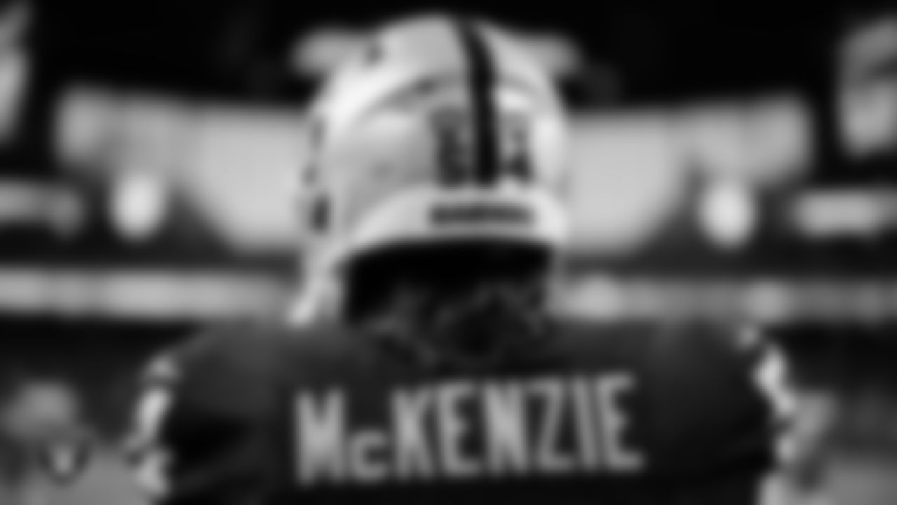 Las Vegas Raiders tackle Jalen McKenzie (54) warming up before the preseason home game against the San Francisco 49ers at Allegiant Stadium.