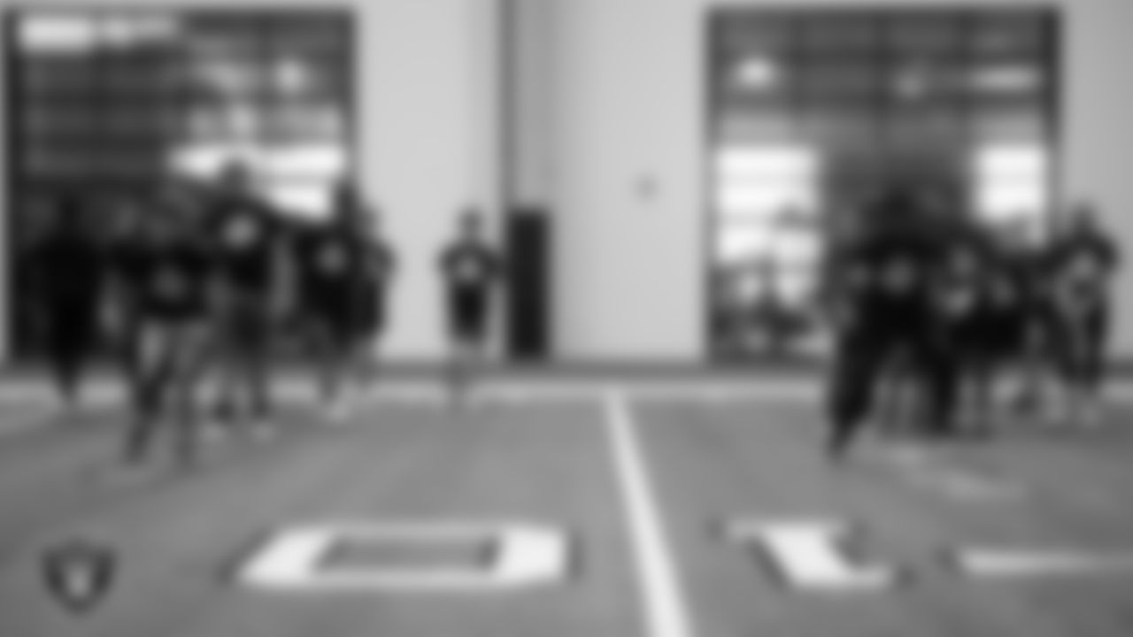Athletes work through a drill during Raiders ELITE Academy at Las Vegas Raiders Headquarters.