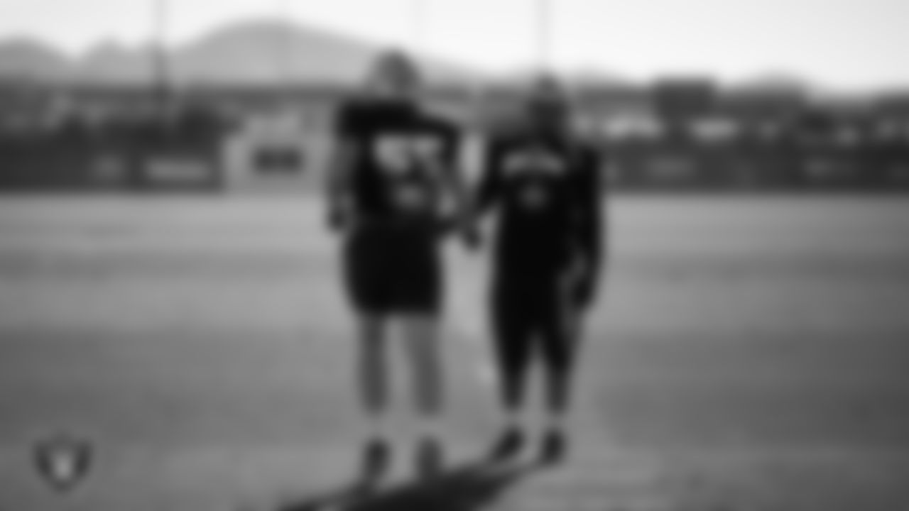 Las Vegas Raiders linebacker Cody Lindenberg (55) and linebacker Elandon Roberts (52) during practice at Intermountain Health Performance Center.