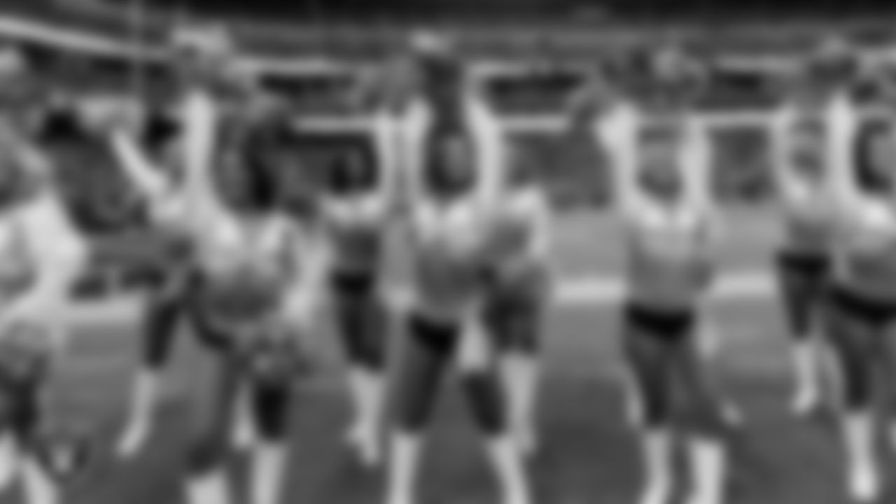 The Raiderettes on the sidelines during the regular season home game against the Tennessee Titans at Allegiant Stadium.