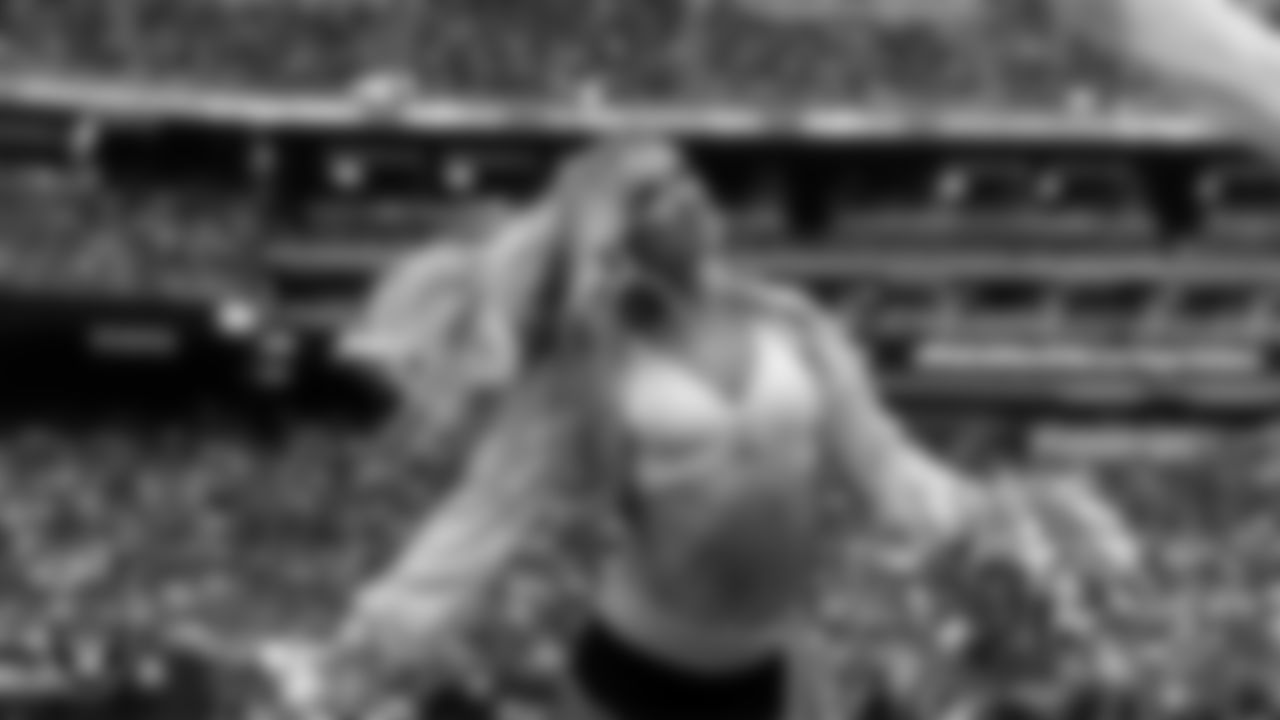 Raiderette Delaney on the sidelines during the preseason home game against the San Francisco 49ers at Allegiant Stadium.