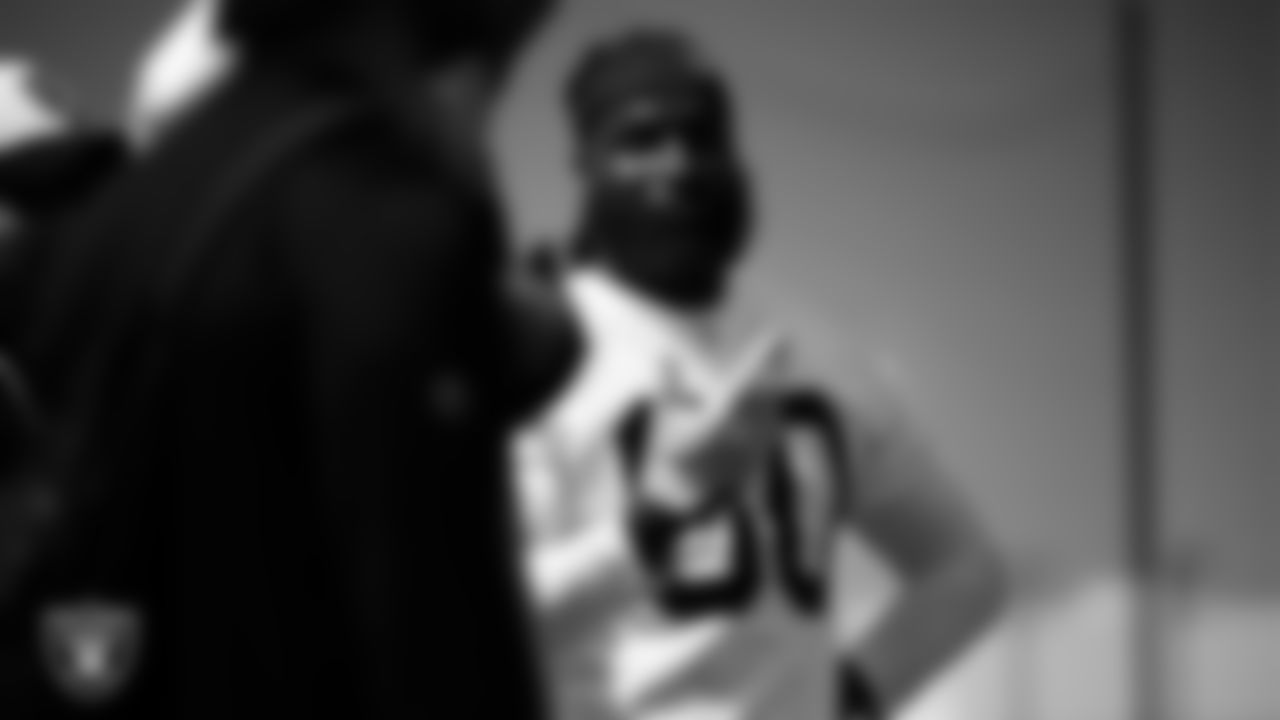 Las Vegas Raiders tight end Ian Thomas (80) at a workout during phase two of the offseason program at Intermountain Health Performance Center.