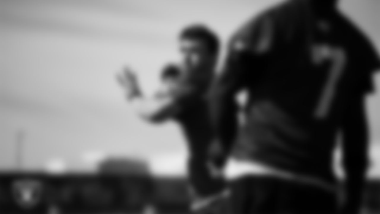 Las Vegas Raiders quarterback Carter Bradley (14) at a workout during phase two of the offseason program at Intermountain Health Performance Center.