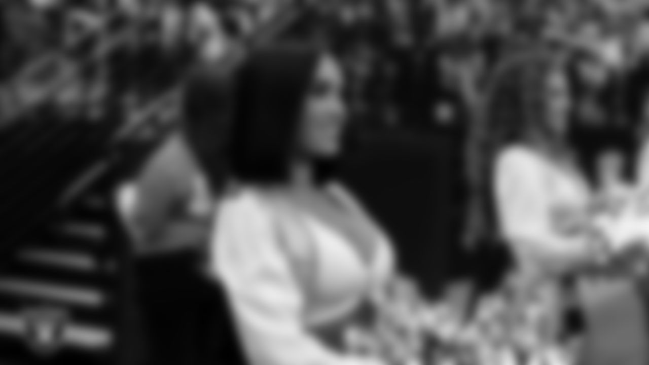 Raiderette Kylie on the sidelines during the preseason home game against the San Francisco 49ers at Allegiant Stadium.