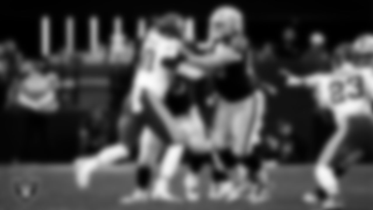 Las Vegas Raiders guard Alex Cappa (65) blocks during the regular season home game against the Kansas City Chiefs at Allegiant Stadium.