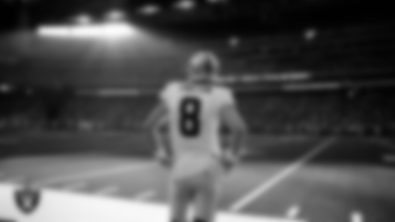 Las Vegas Raiders kicker Daniel Carlson (8) on the sidelines during the regular season away game against the Houston Texans at NRG Stadium.