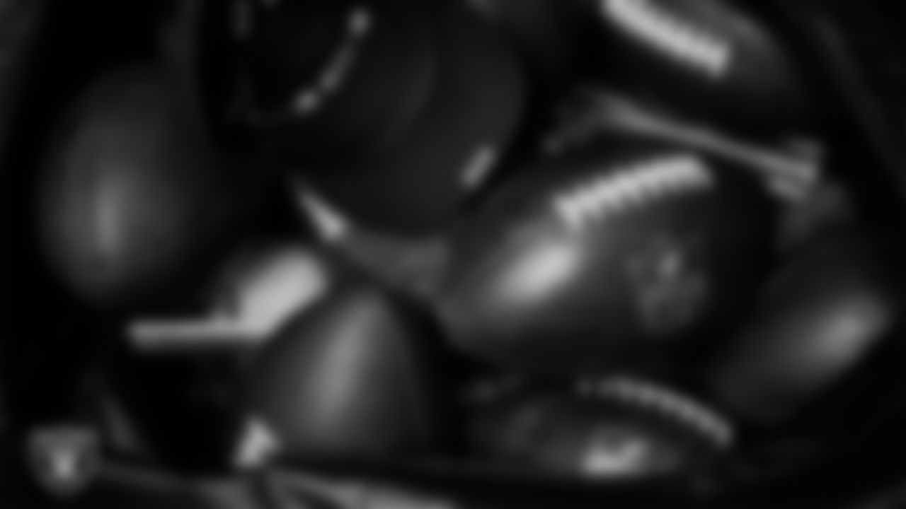 A bag of Las Vegas Raiders footballs during practice at Intermountain Health Performance Center.