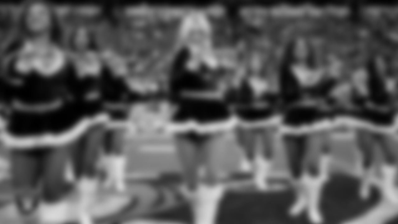Raiderette Kennedy performs on the field before the regular season home game against the New York Giants at Allegiant Stadium.