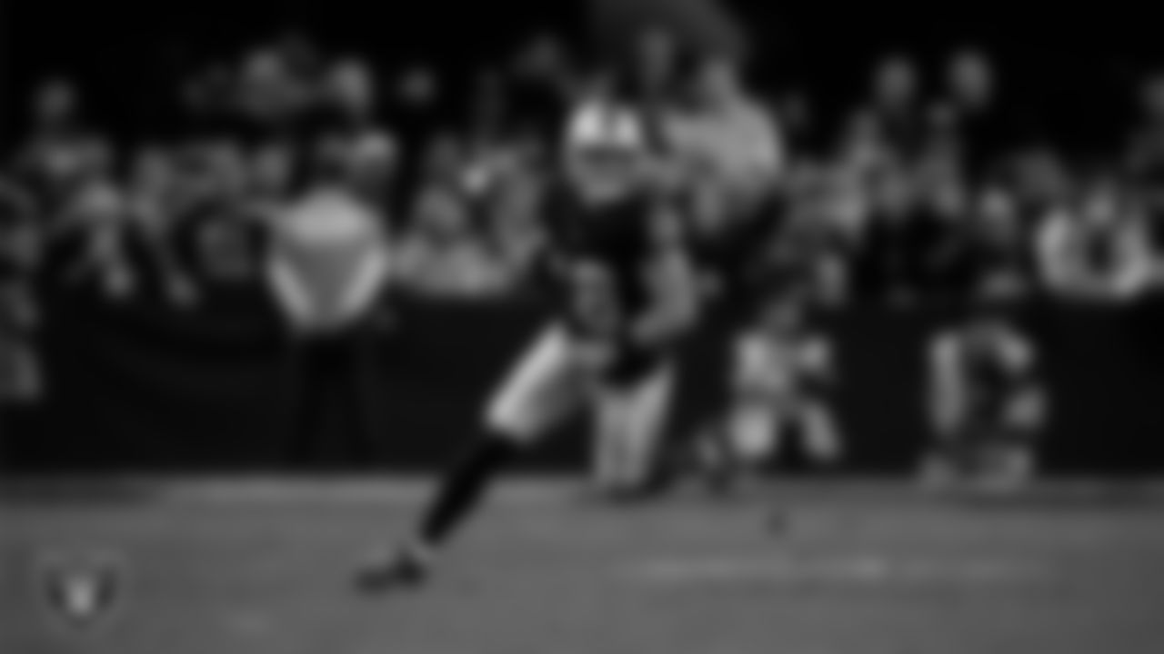 Las Vegas Raiders wide receiver Jack Bech (18) runs after making a catch during the regular season home game against the Dallas Cowboys at Allegiant Stadium.