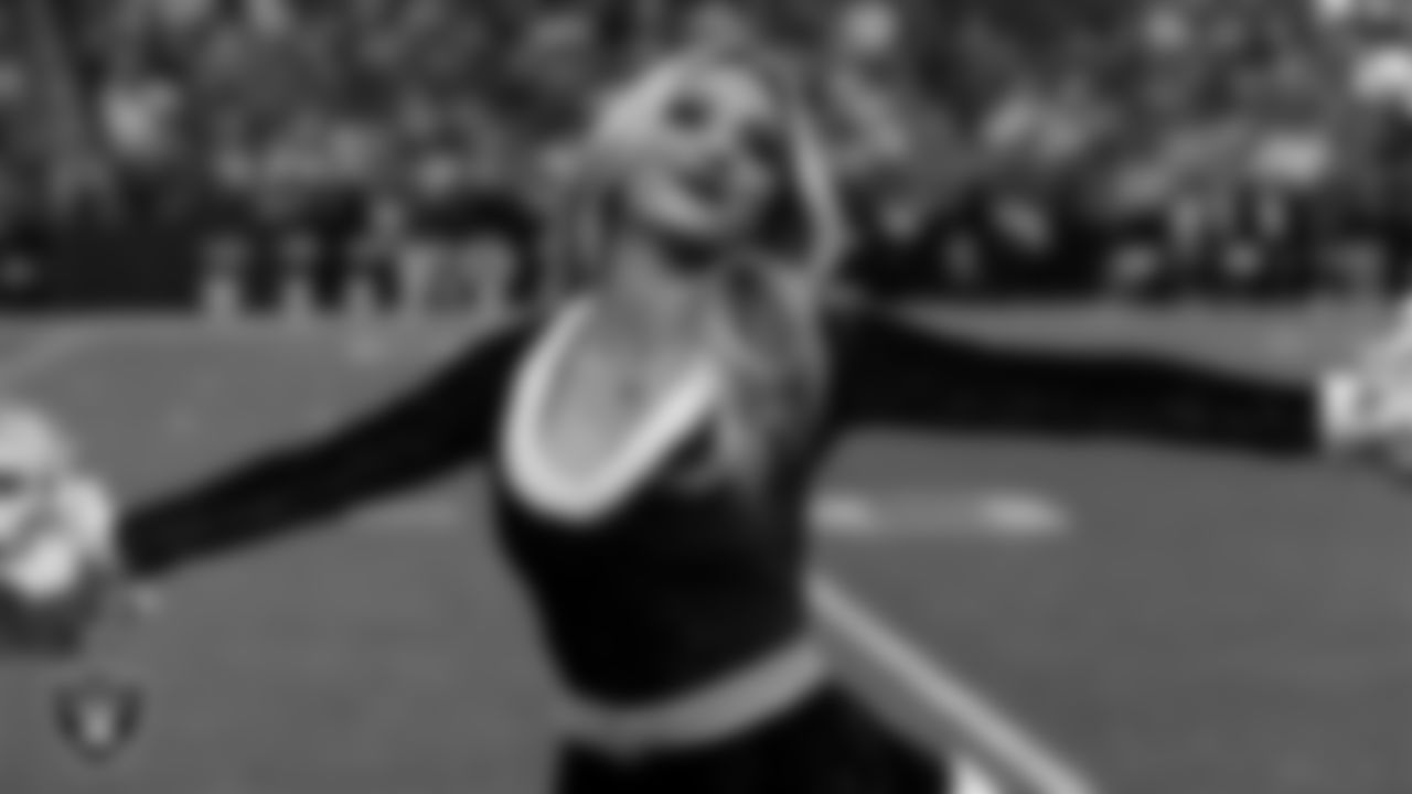 Raiderette Hayley on the sidelines during the regular season home game against the New York Giants at Allegiant Stadium.