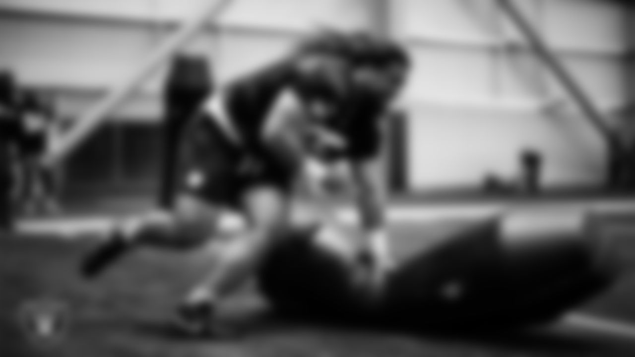 Las Vegas Raiders defensive tackle Leki Fotu (95) at a workout during phase two of the offseason program at Intermountain Health Performance Center.