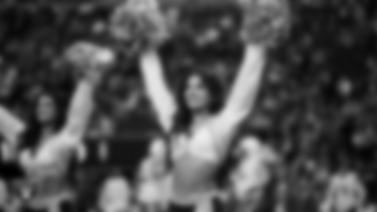 Raiderette Annalise during player introductions before the regular season home game against the Cleveland Browns at Allegiant Stadium.