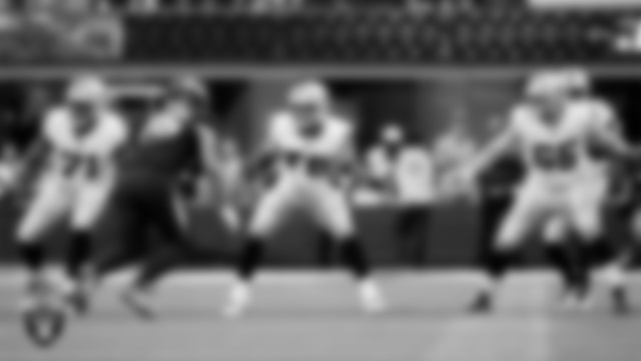 Las Vegas Raiders tackle DJ Glaze (71), guard Caleb Rogers (76) and guard Alex Cappa (65) during the regular season away game against the Los Angeles Chargers at SoFi Stadium.