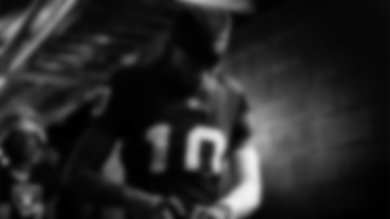 Las Vegas Raiders wide receiver Dont'e Thornton Jr. (10) walks down the tunnel before the regular season home game against the Cleveland Browns at Allegiant Stadium.