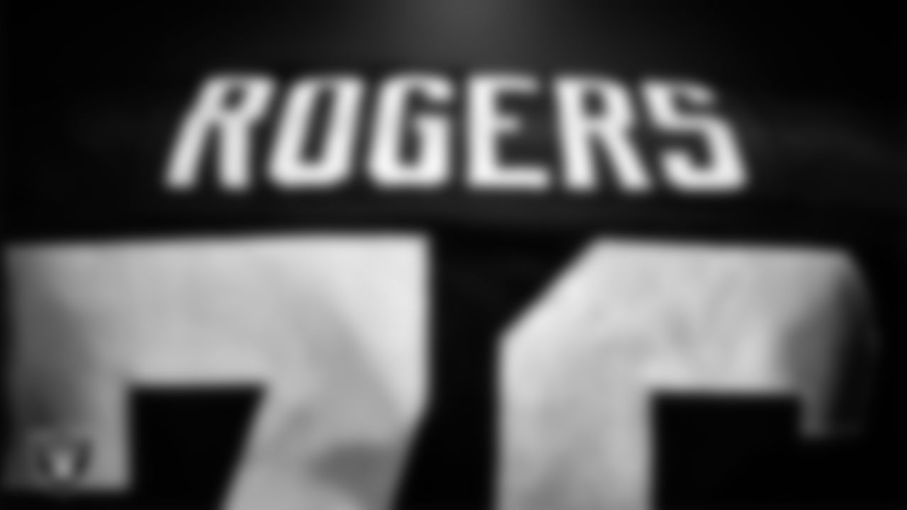 Las Vegas Raiders guard Caleb Rogers' (76) pads in the locker room prior to the Raiders' arrival for their regular season home game against the Kansas City Chiefs at Allegiant Stadium.