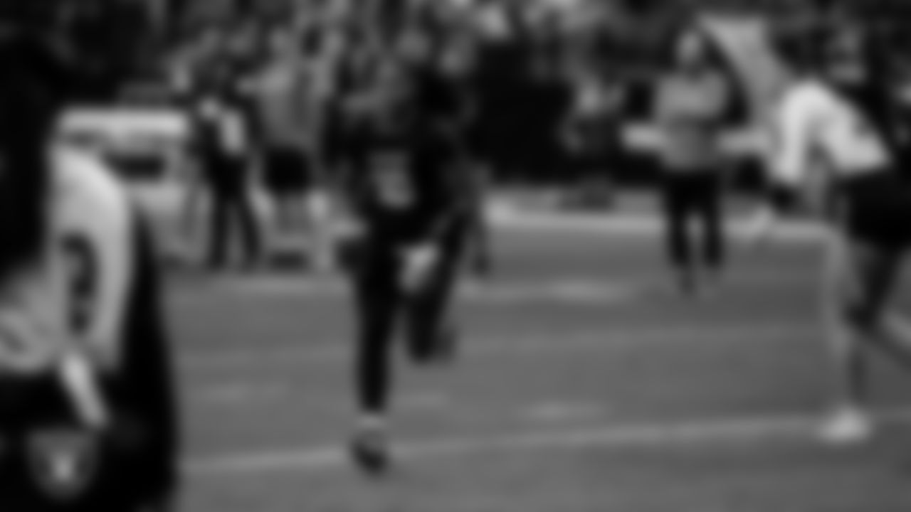 The Nevada State University flag football team participates in a Play 60 Showcase before the Las Vegas Raiders' regular season home game against the Jacksonville Jaguars at Allegiant Stadium.