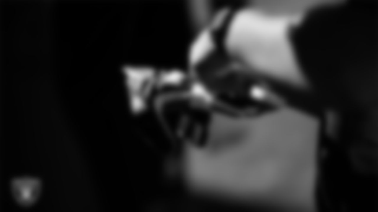 A Las Vegas Raider during practice at Intermountain Health Performance Center.