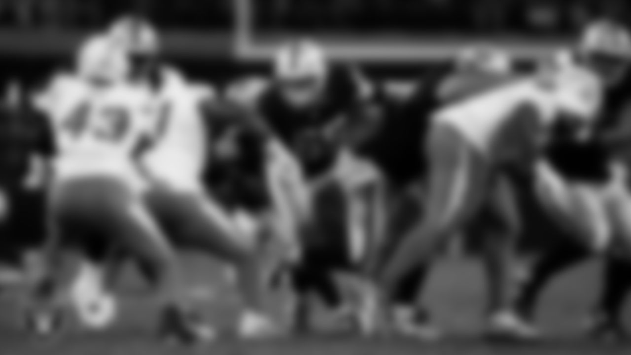 Las Vegas Raiders guard Alex Cappa (65) blocks during the regular season home game against the Los Angeles Chargers at Allegiant Stadium.