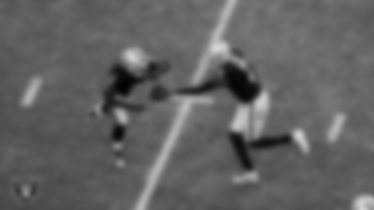 Las Vegas Raiders running back Ashton Jeanty (2) and quarterback Geno Smith (7) during the regular season home game against the Cleveland Browns at Allegiant Stadium.