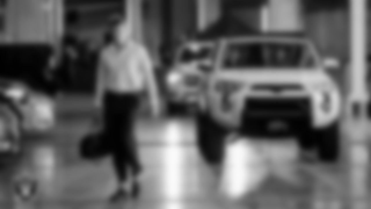 Las Vegas Raiders linebacker Cody Lindenberg (55) arrives to the regular season home game against the Denver Broncos at Allegiant Stadium.