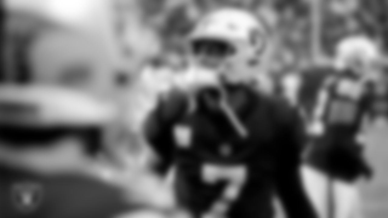 Las Vegas Raiders quarterback Geno Smith (7) is introduced onto the field before the regular season home game against the Cleveland Browns at Allegiant Stadium.