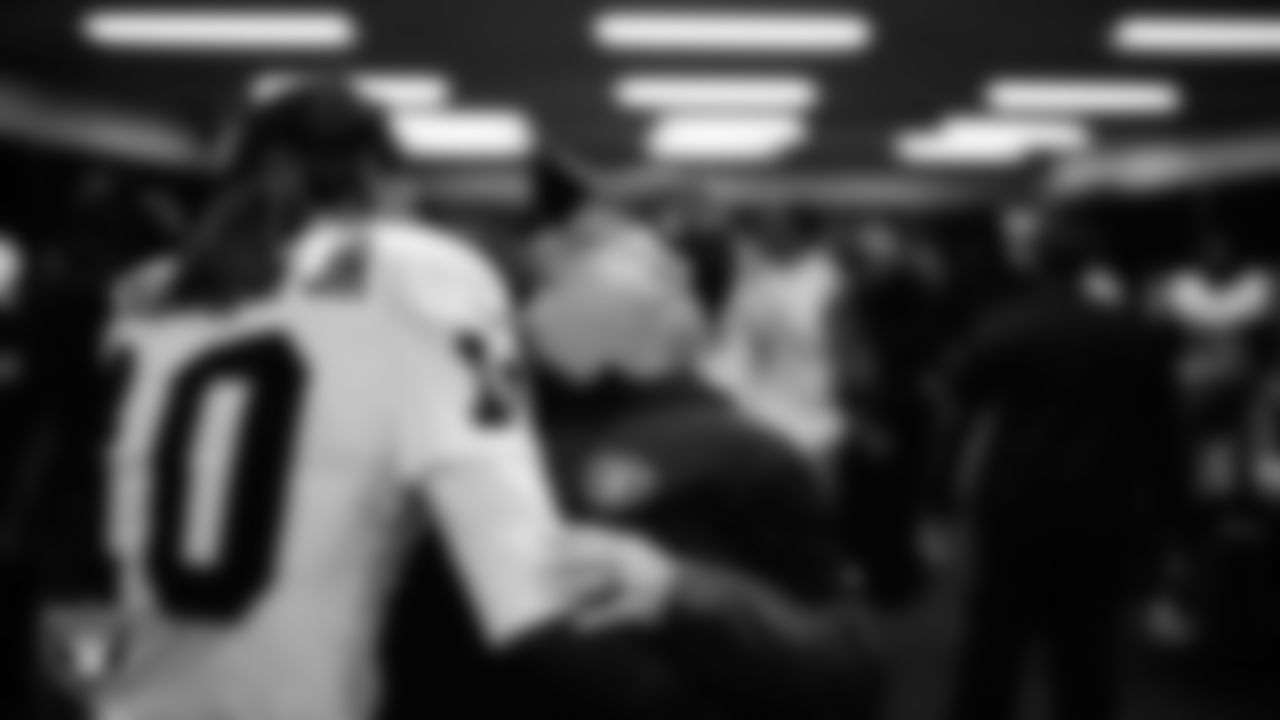 Las Vegas Raiders wide receiver Dont'e Thornton Jr. (10) and offensive coordinator Chip Kelly in the locker room after the regular season away game against the New England Patriots at Gillette Stadium.