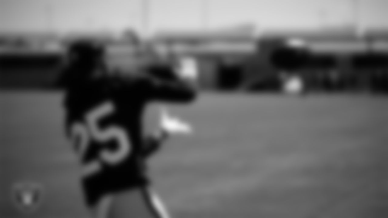 Las Vegas Raiders cornerback Decamerion Richardson (25) at a workout during phase two of the offseason program at Intermountain Health Performance Center.