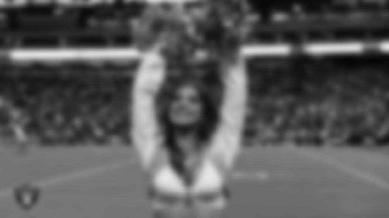 Raiderette Reagan on the sidelines during the regular season home game against the Los Angeles Chargers at Allegiant Stadium.