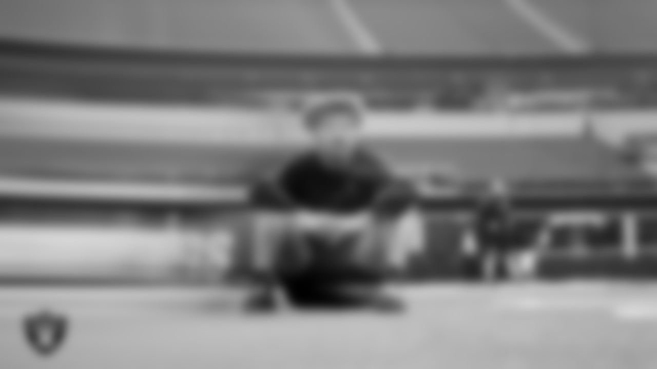 Las Vegas Raiders safety Tristin McCollum (27) warming up before the regular season away game against the Los Angeles Chargers at SoFi Stadium.