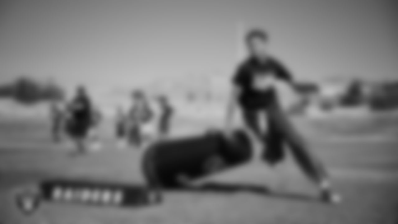 An athlete takes part in a drill after a partnership announcement between the Las Vegas Raiders and Clark County School District as a Silver and Black Flag Football league at the middle school level at Sig Rogich Middle School.
