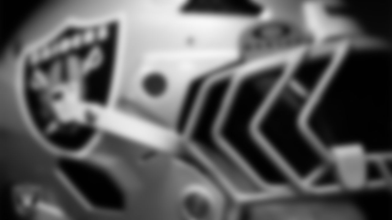 A Las Vegas Raiders helmet in the locker room prior to the Raiders' arrival for their preseason away game against the Seattle Seahawks at Lumen Field.