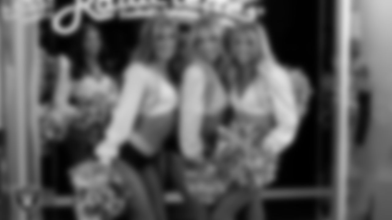 Raiderettes Shelby, Delaney and Jordie in the locker room during halftime at the preseason home game against the San Francisco 49ers at Allegiant Stadium.