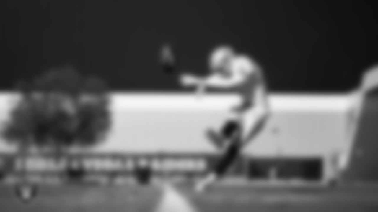 Las Vegas Raiders kicker Daniel Carlson (8) during practice at Intermountain Health Performance Center.