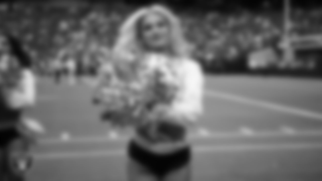 Raiderette Pip on the sidelines during a 2025 Training Camp mock game at Allegiant Stadium.