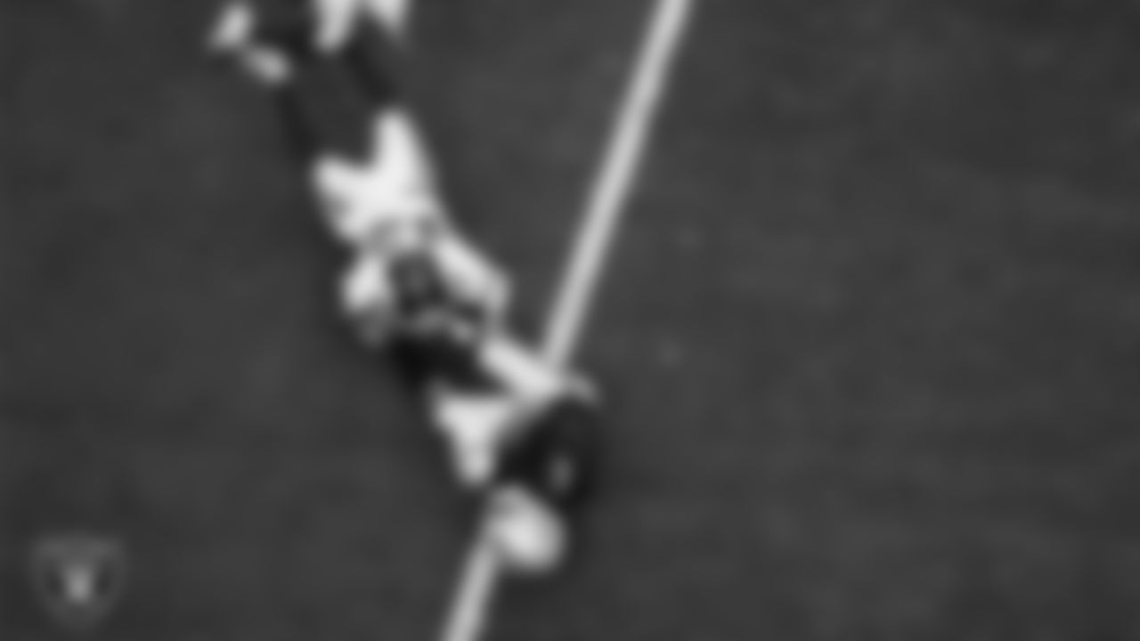 Las Vegas Raiders wide receiver Tre Tucker (1) after making a catch during the regular season home game against the New York Giants at Allegiant Stadium.