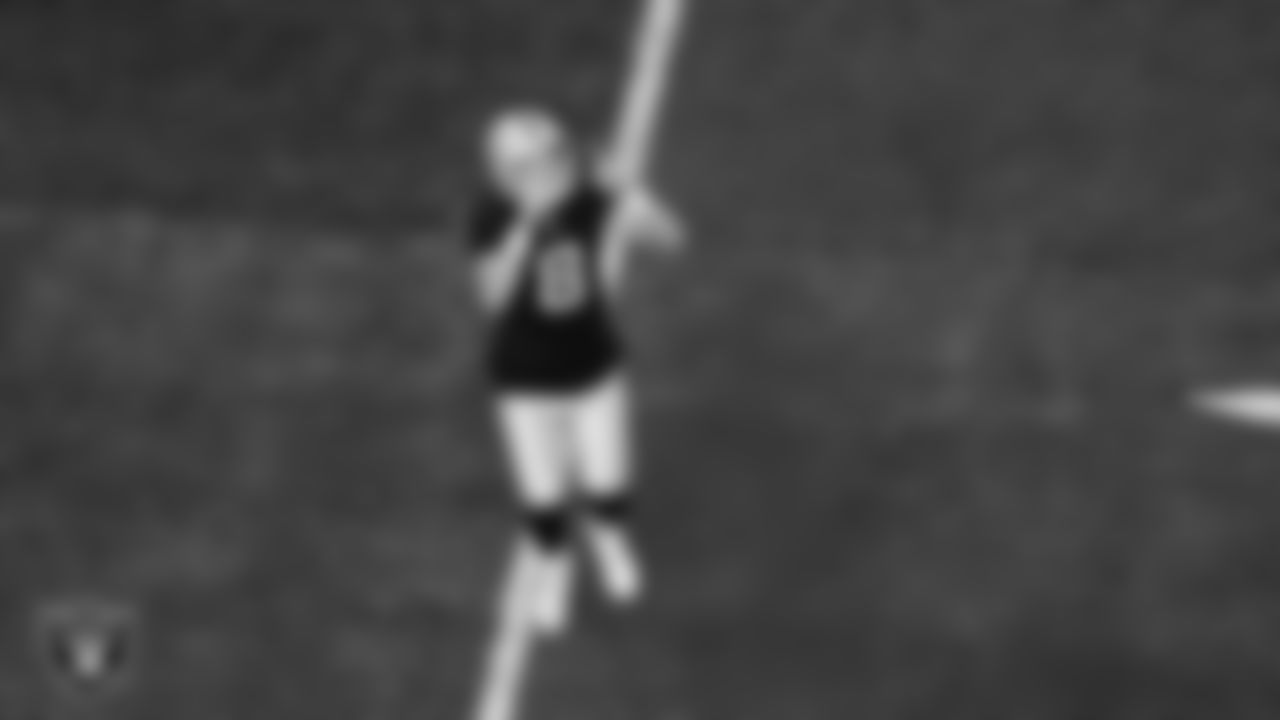 Las Vegas Raiders kicker Daniel Carlson (8) celebrates after kicking a 42-yard field goal during the regular season home game against the New York Giants at Allegiant Stadium.