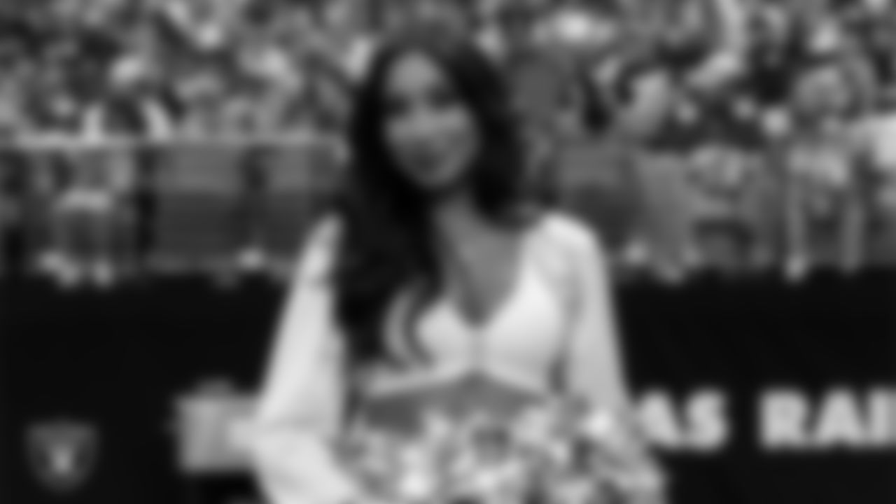 Raiderette Meekela on the sidelines during the preseason home game against the San Francisco 49ers at Allegiant Stadium.