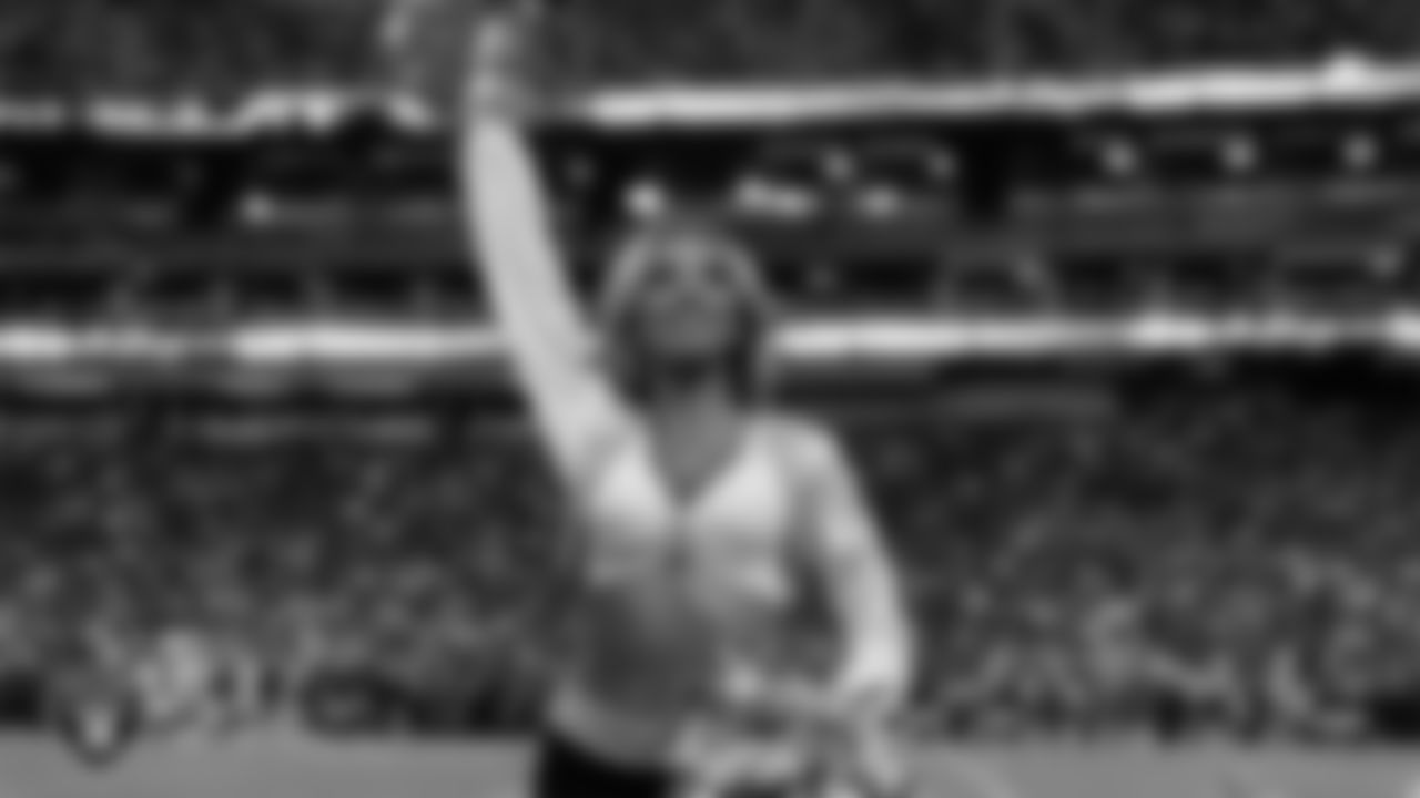 Raiderette Hayley on the sidelines during the preseason home game against the San Francisco 49ers at Allegiant Stadium.