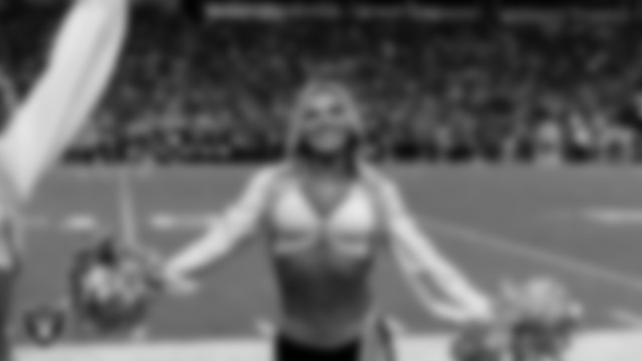 Raiderette Ali on the sidelines during the regular season home game against the Cleveland Browns at Allegiant Stadium.