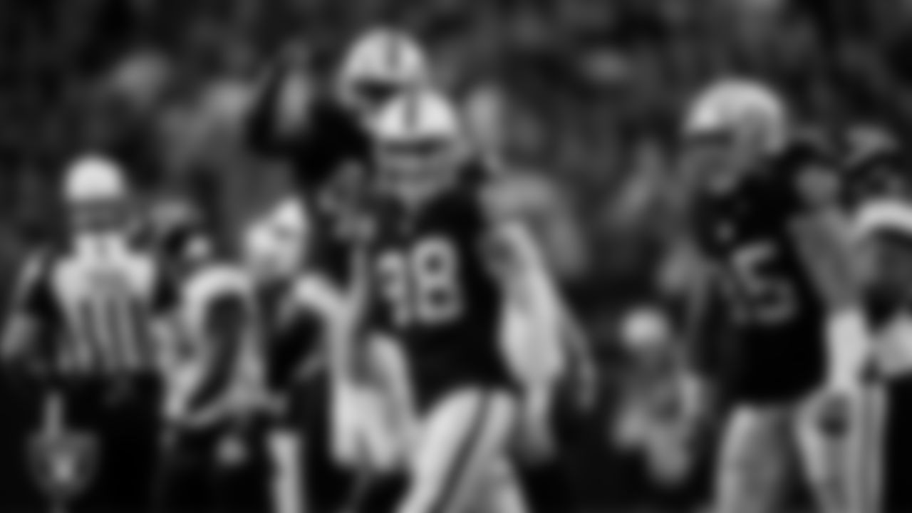 Las Vegas Raiders defensive end Maxx Crosby (98) celebrates after sacking the quarterback during the regular season home game against the Jacksonville Jaguars at Allegiant Stadium.