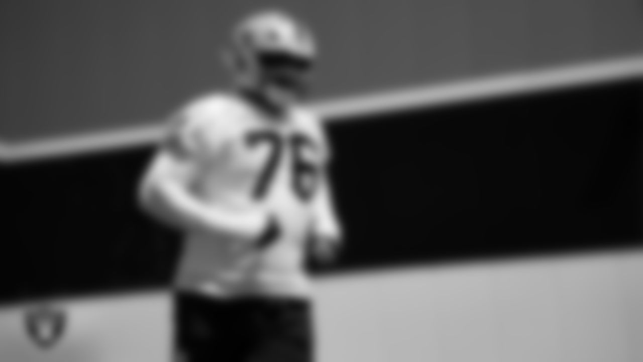 Las Vegas Raiders guard Caleb Rogers (76) at an Organized Team Activity (OTA) at Intermountain Health Performance Center.