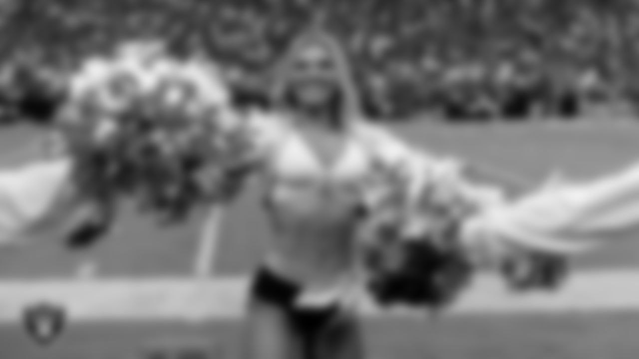 Raiderette Ali on the sidelines during the regular season home game against the Tennessee Titans at Allegiant Stadium.