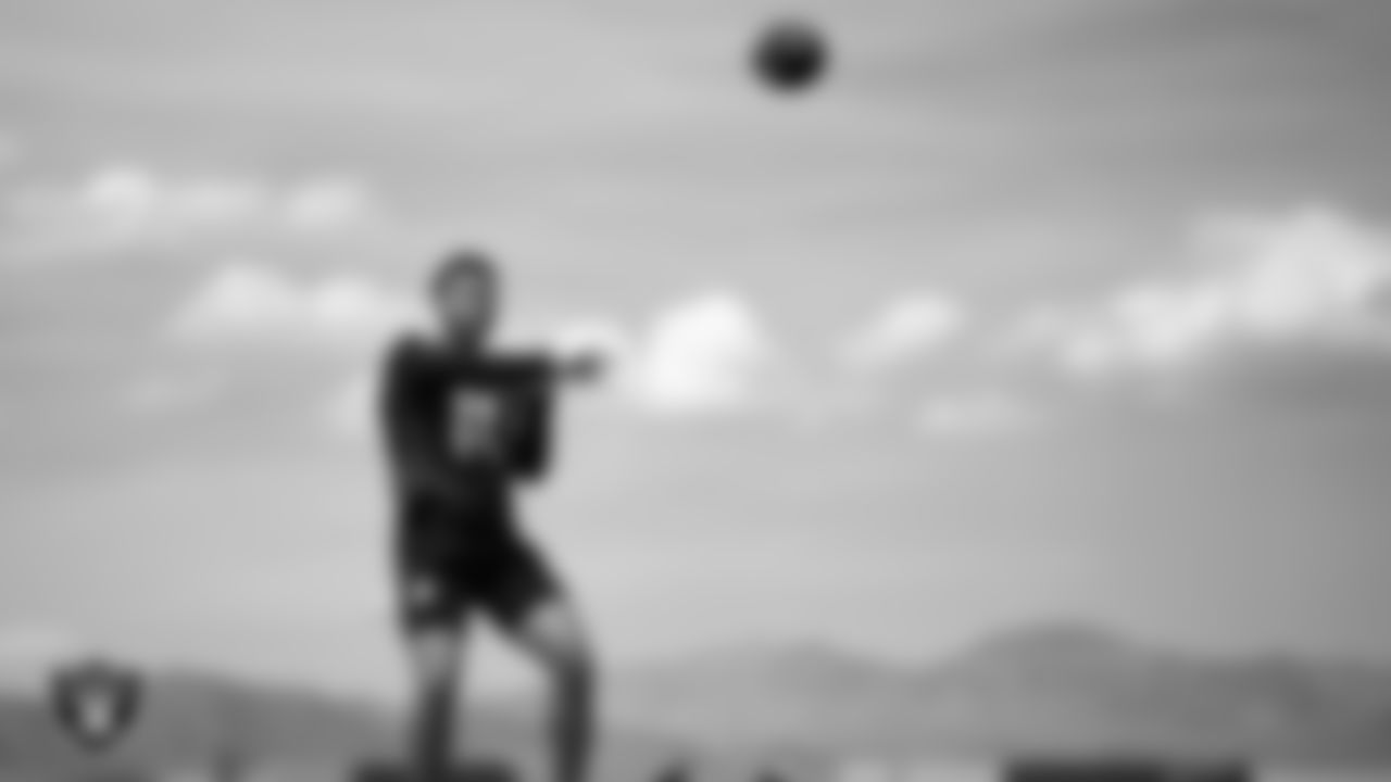 Las Vegas Raiders quarterback Carter Bradley (14) at a workout during phase two of the offseason program at Intermountain Health Performance Center.