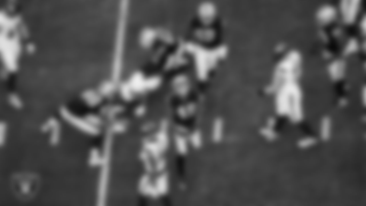 Las Vegas Raiders defensive end Charles Snowden (49) celebrates after making a tackle during the regular season home game against the Denver Broncos at Allegiant Stadium.