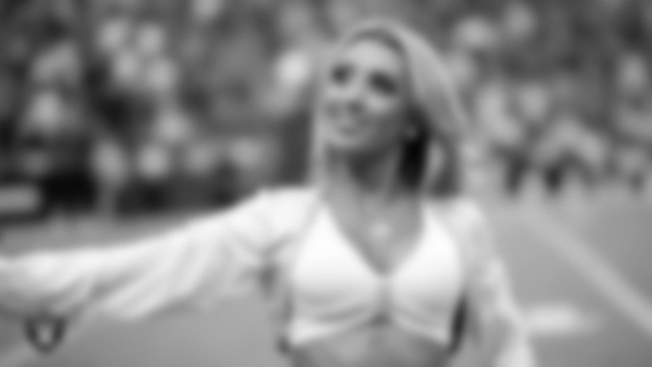 Raiderette Hayley on the sidelines during the preseason home game against the San Francisco 49ers at Allegiant Stadium.