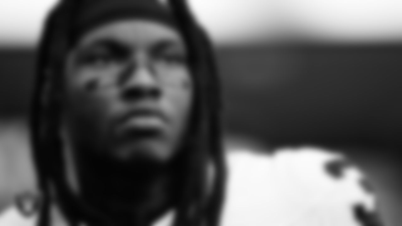 Las Vegas Raiders safety Lonnie Johnson Jr. (32) during the national anthem before the regular season away game against the Los Angeles Chargers at SoFi Stadium.